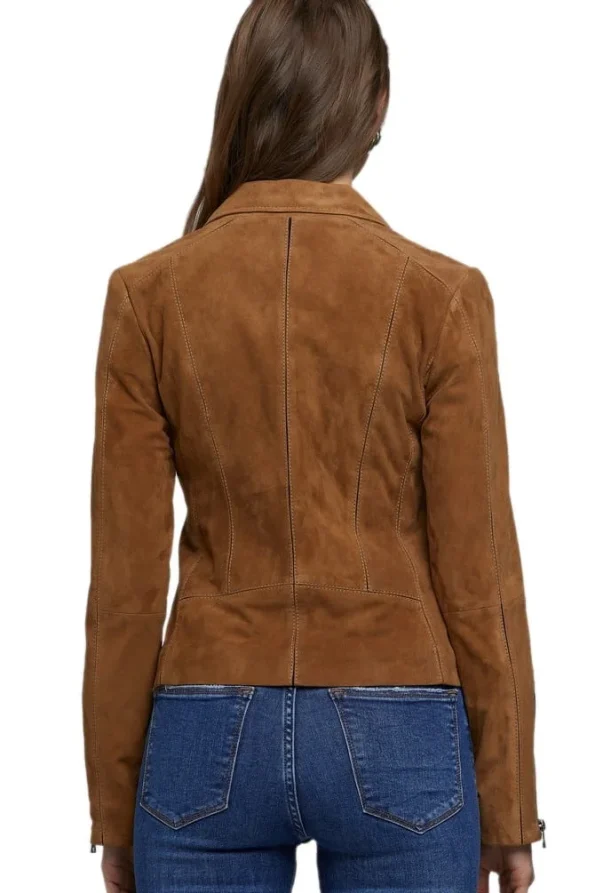 Barbara Palvin Women’s 100% Real Camel Brown Leather Suede Jacket 2