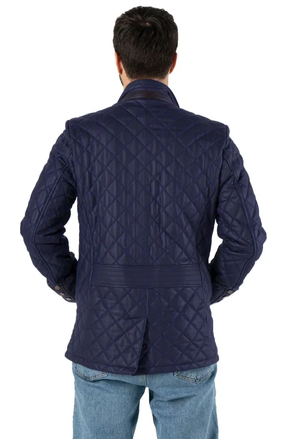 Dario Men’s 100% Real Navy-Blue Leather Diamond Quilted Jacket 4