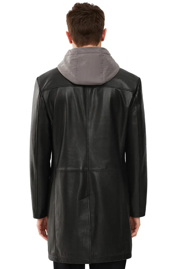 Dias Men’s 100% Real Black Leather Hooded Long Coat 6