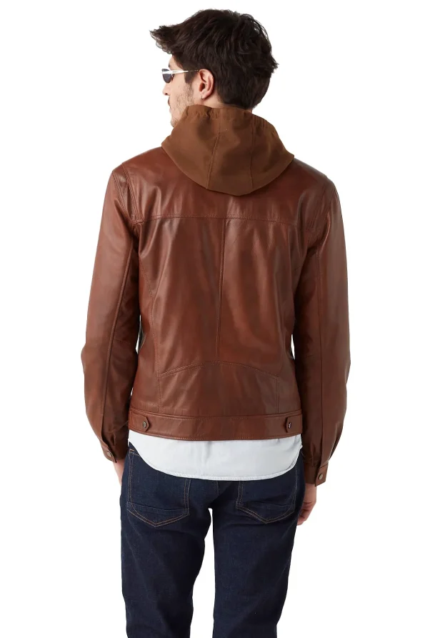 Endy Men’s 100% Real Tan Leather Hooded Jacket 6